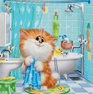 Broderie Diamant Chat faisant sa toilette